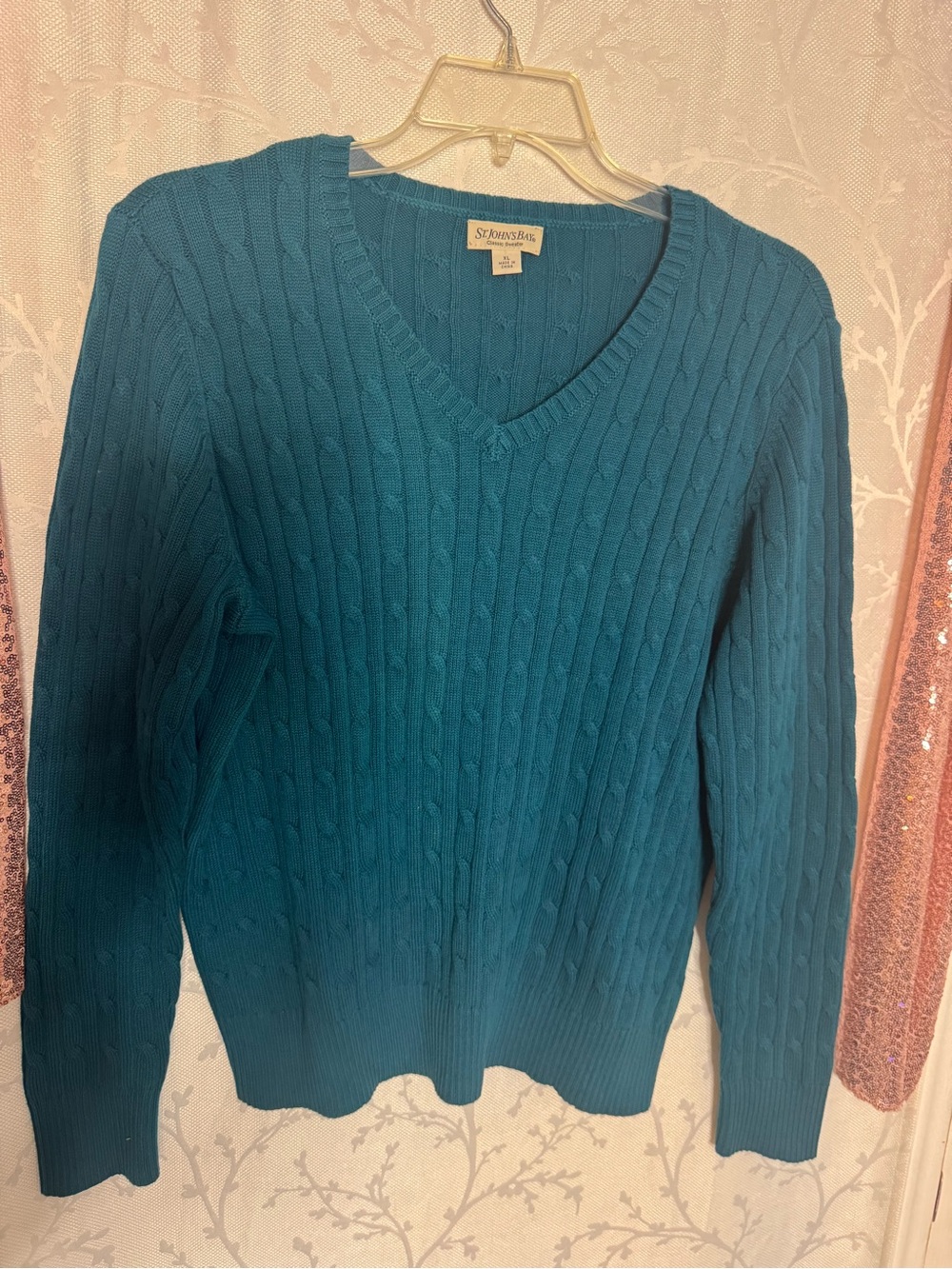 St. John's Bay Teal Cable Knit V-Neck Sweater - Women's